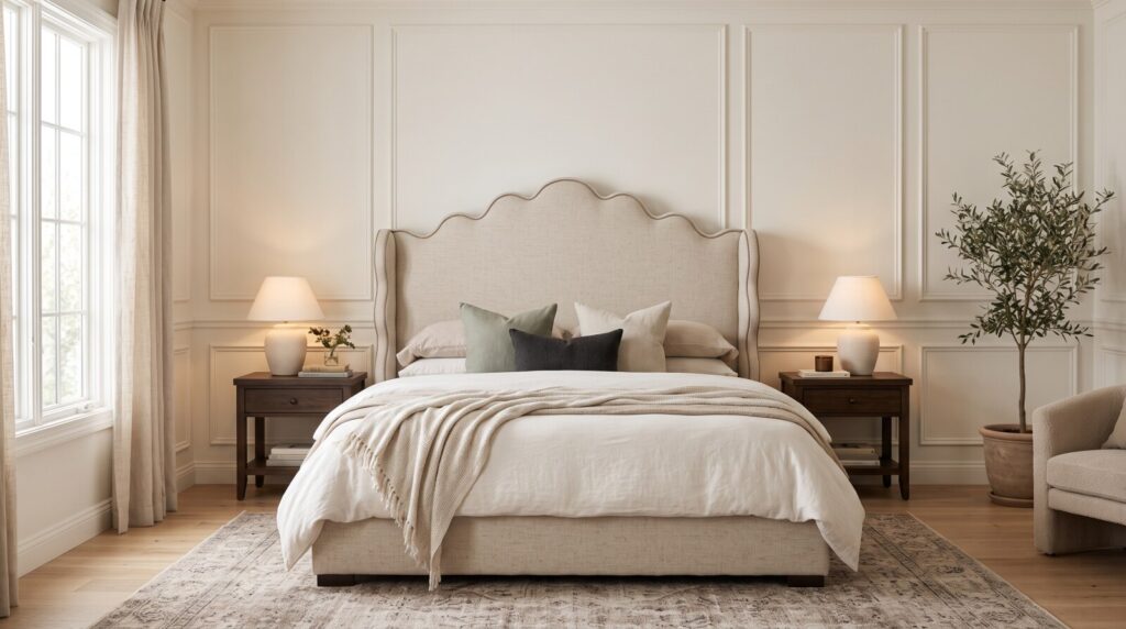 A custom upholstered scalloped headboard in a soft light beige fabric, elegantly styled in a bright, sunlit master bedroom featuring classic white wainscoting and warm natural light.