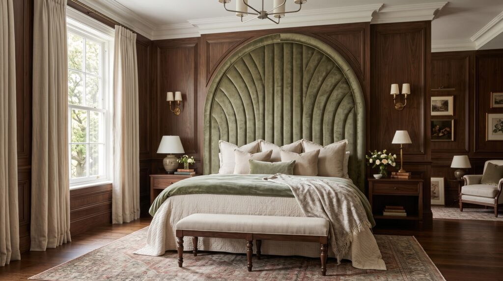 A grand, custom wallmounted arched headboard with radiating vertical sunburst channel tufting in plush green velvet, securely mounted to dark wood wall paneling in a luxury bedroom