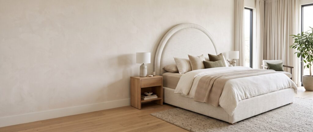 Custom arched platform bed with a rounded, fabricwrapped headboard in natural linen, featuring a matching upholstered lowprofile base.