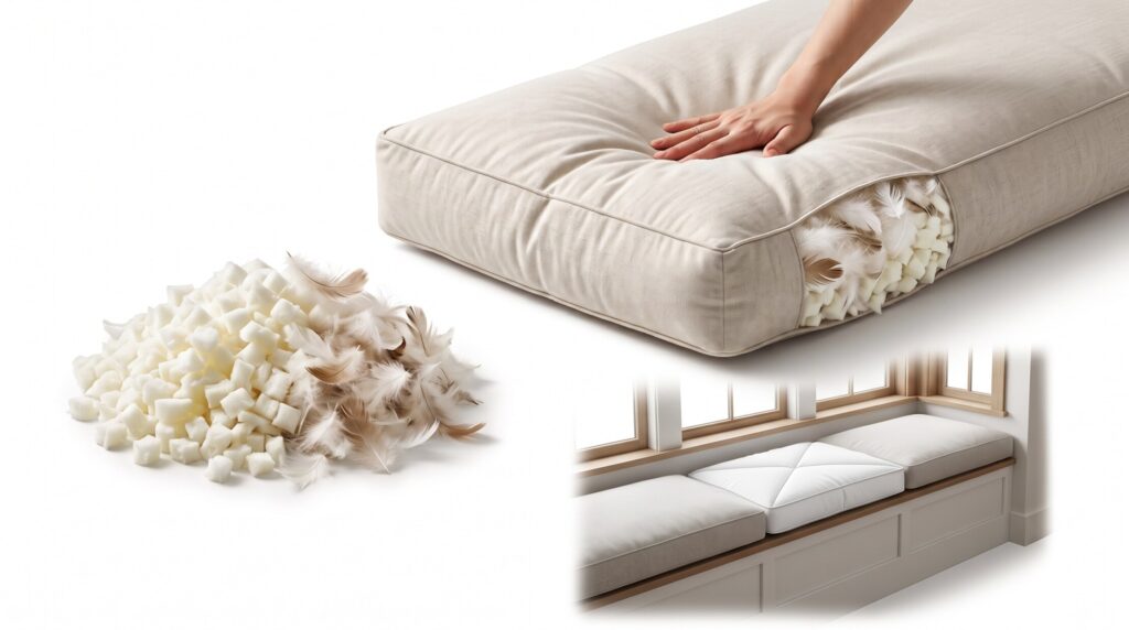Interactive window seat cushion replacement display, showing a pile of bulk shredded foam and natural feathers, a long custom bench cushion being handtested for resilience, and a builtin window bench featuring white custom replacement inserts