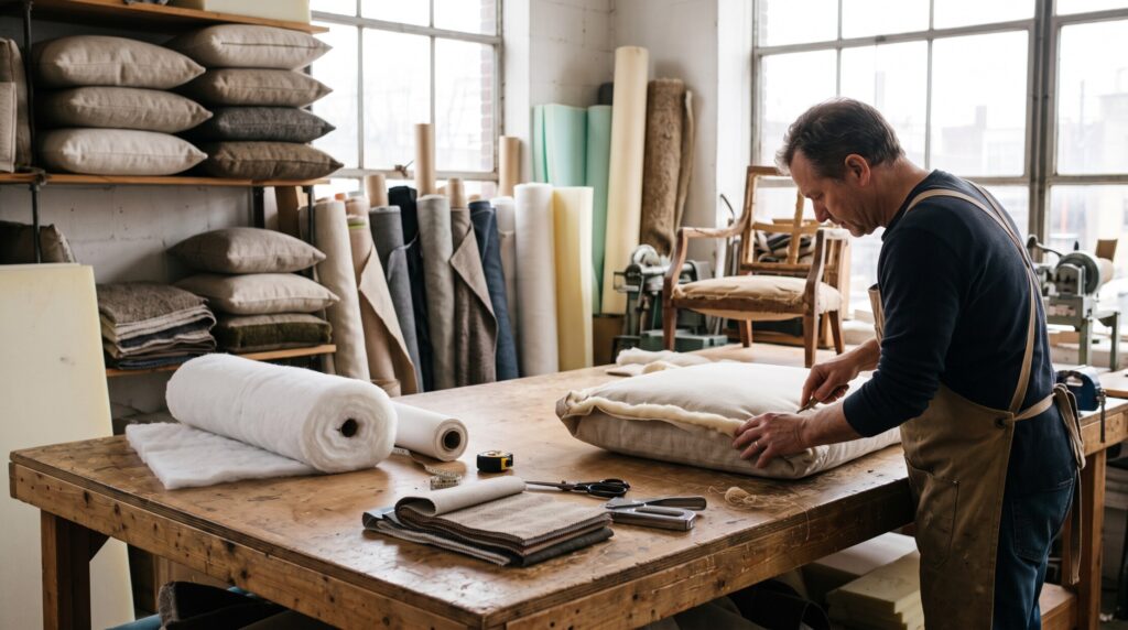 An upholstery craftsman in a canvas apron carefully handtrimming and tucking natural batting into a custom seat cushion on a busy workbench in an active workshop.