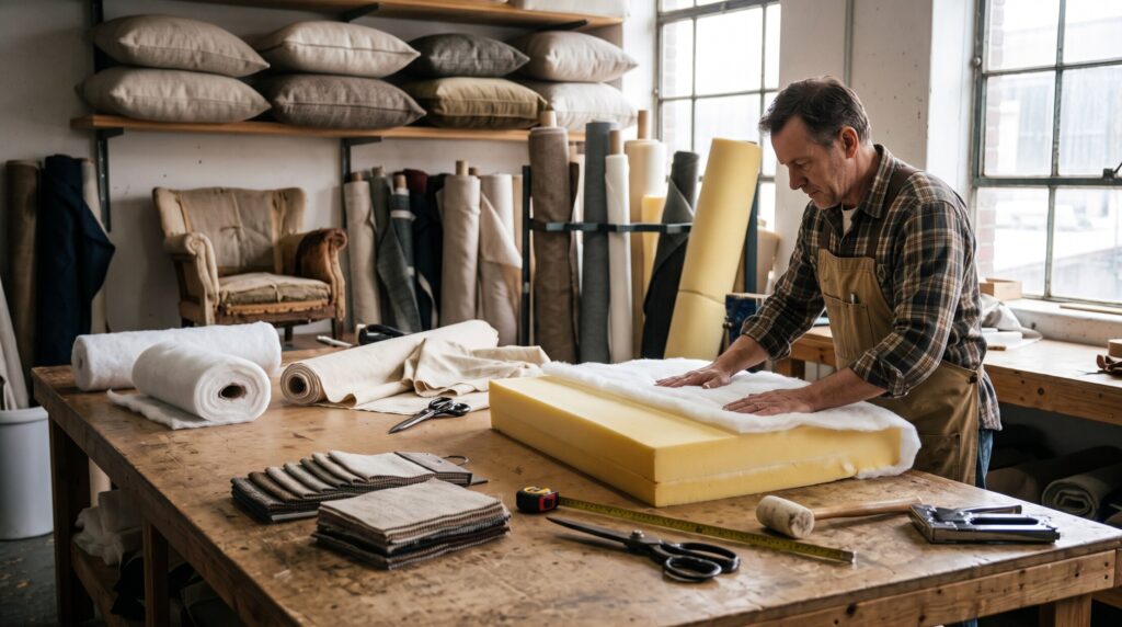 Upholstery craftsman wrapping a new highdensity foam cushion with white dacron batting on a busy workshop workbench surrounded by fabric swatches and tools.