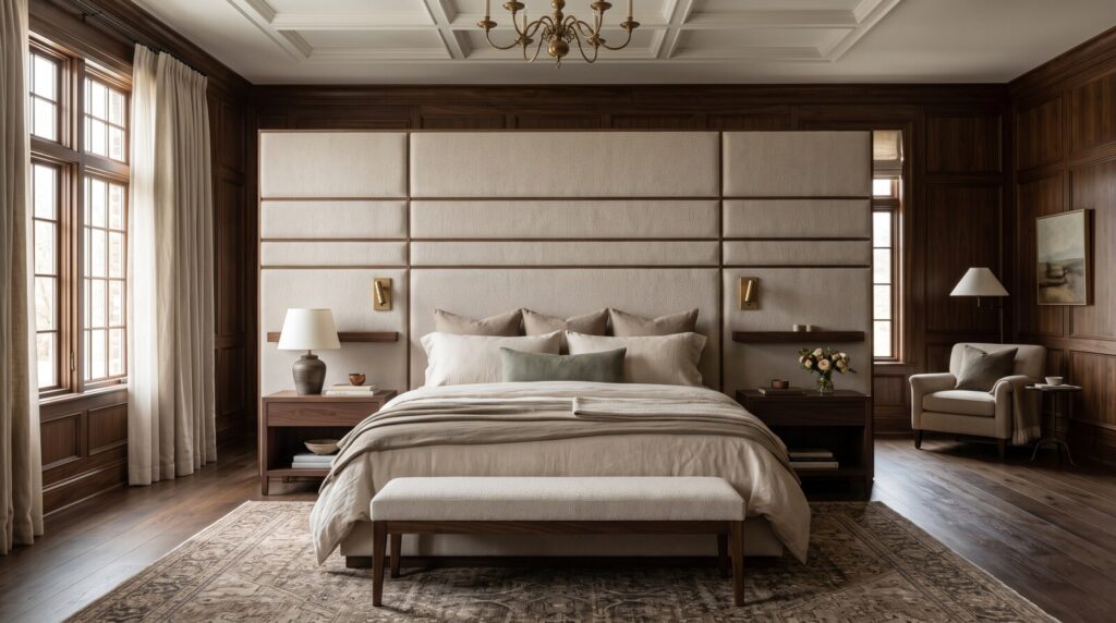 Custom wall to wall upholstered paneled headboard 1