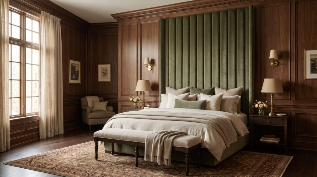 Custom tall green velvet channeltufted headboard with upholstered bench in a luxury woodpaneled master bedroom.