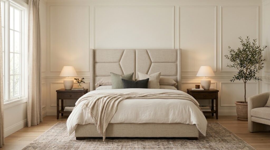 Custom geometric upholstered wingback bed and platform frame handcrafted by first class mastercraft in nj and ny.